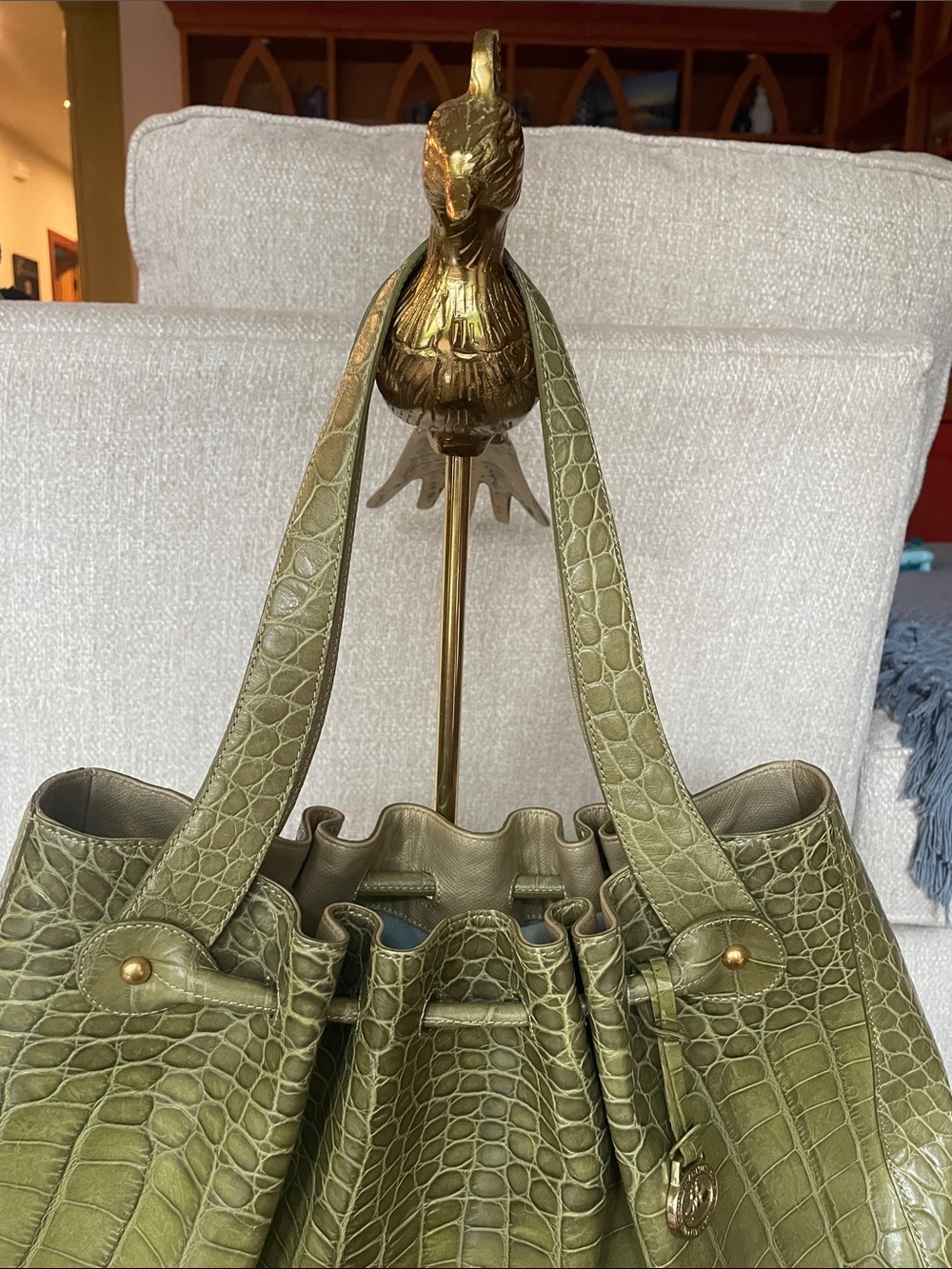BRAHMIN Green Faux Croc Bag Purse Hobo One Callout Gorgeous Can Attach Crossbody - Picture 3 of 14